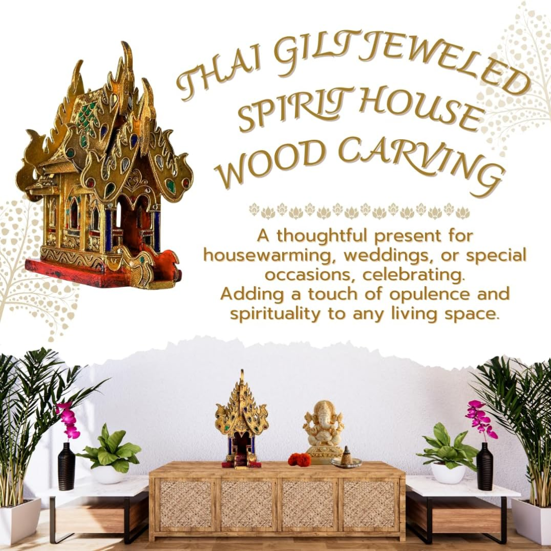 Thai Gilt Jeweled Spirit House 10 Inch – Handcrafted Wooden Thai Shrine | Traditional Wood Carving | Thai Buddhist Home Decor | Made in Thailand