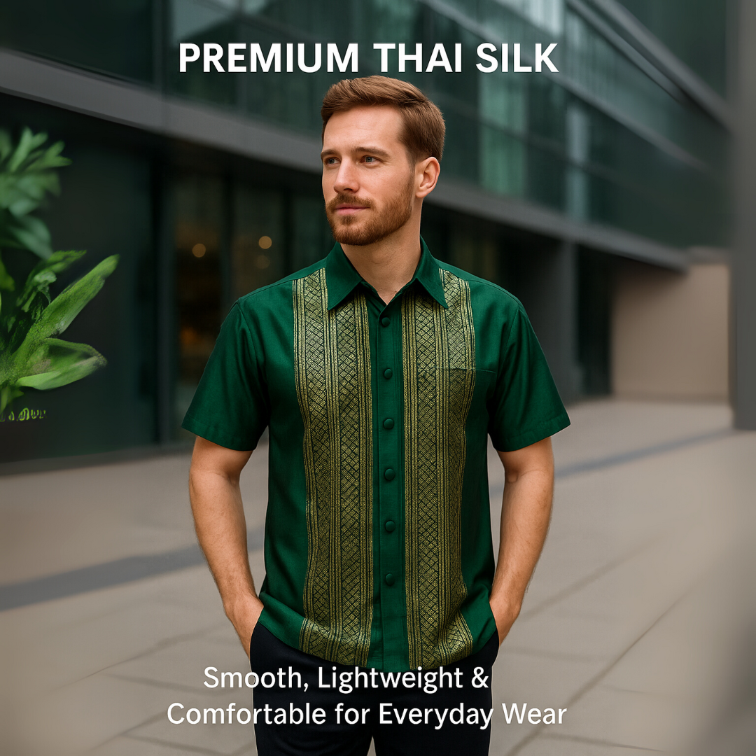 Men’s Thai Silk Short Sleeve Shirt with Pocket | Traditional Thai Design