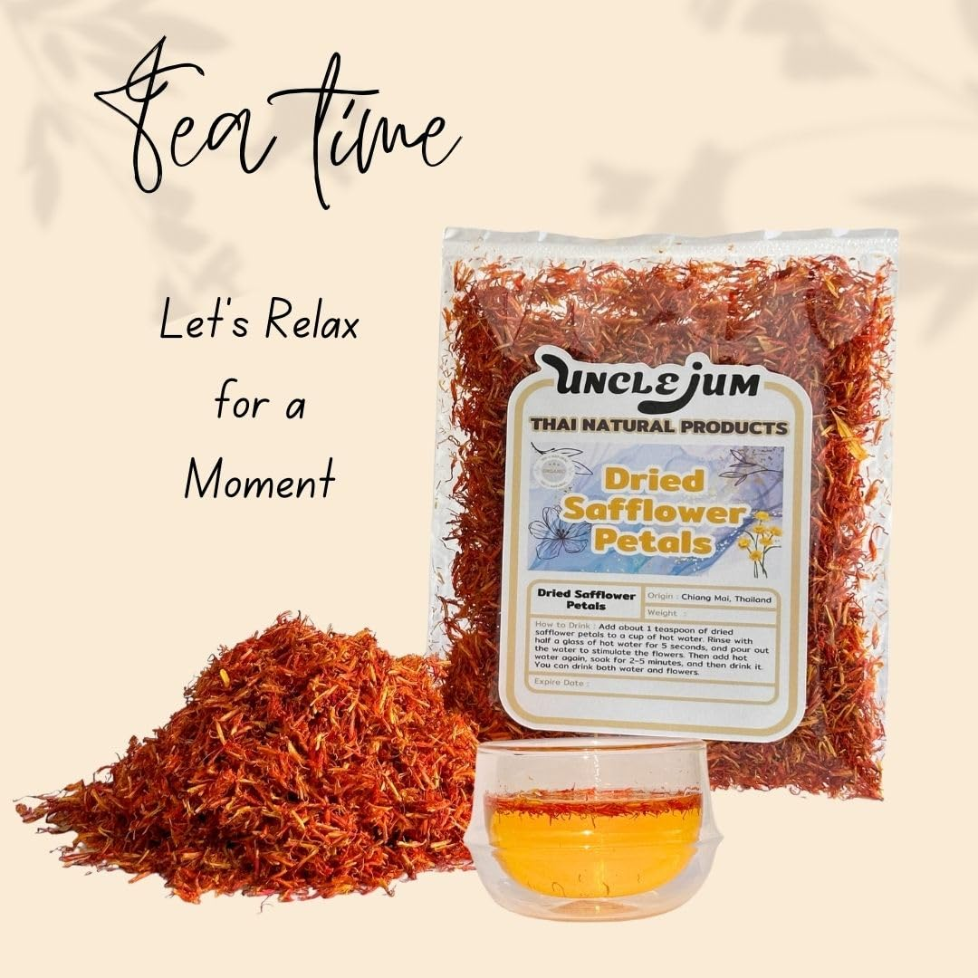 UNCLEJUM Thai Dried Safflower Petals Tea 100g (ชาดอกคำฝอย) – Premium Edible Safflower Flowers | Caffeine-Free Herbal Tea | Natural Food Coloring | Antioxidant Wellness Herb | Product of Thailand