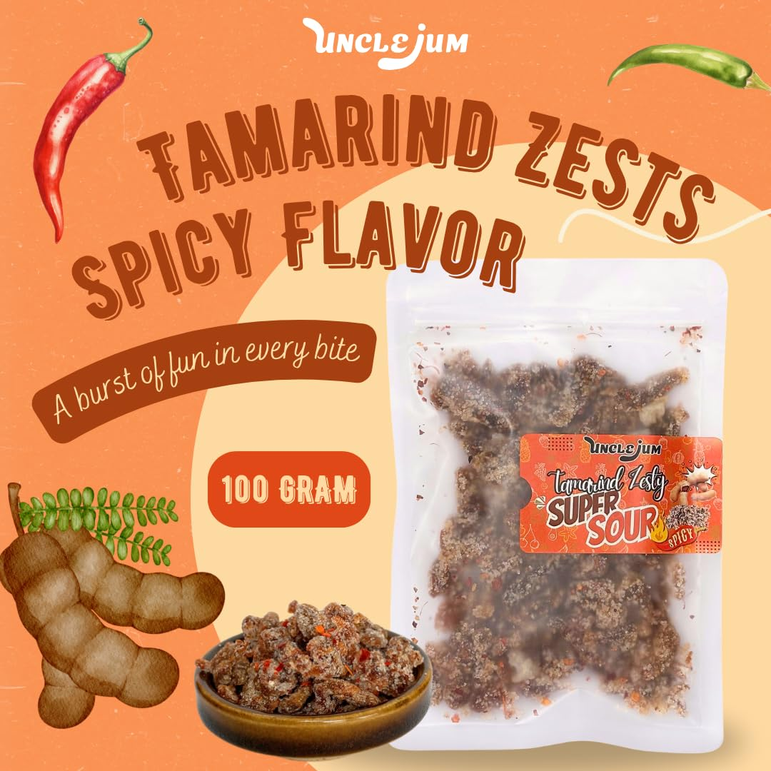 UNCLEJUM Tamarind Zesty Super Sour Spicy Flavorful – Thai JeedJard Chewy Tamarind Candy (มะขามห้ารส, มะขามจี๊ดจ๊าด) with Chili, Sweet, Sour, Salty & Umami Flavors, Authentic Thai Snack, 100g