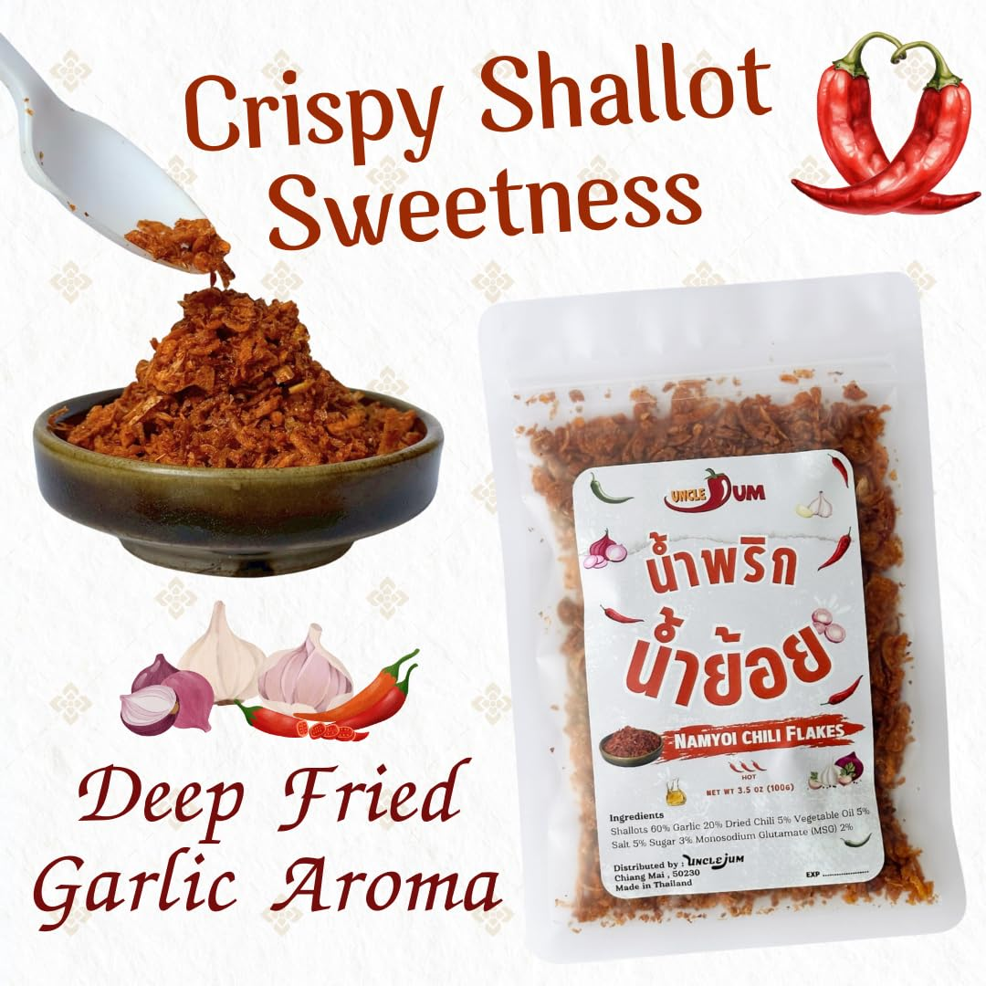 UNCLEJUM Northern Thai Prik Nam Yoi (น้ำพริกน้ำย้อย) – Crispy Thai Chili Paste with Garlic & Shallots – Authentic Lanna Chili Condiment for Rice, Noodles & Thai Cooking – Product of Thailand (100g)
