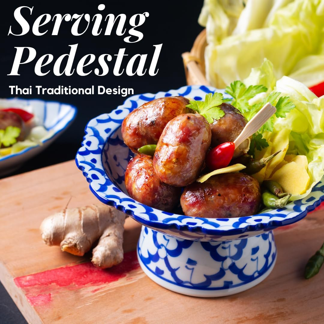 UNCLEJUM Thai Ceramic Porcelain Pedestal Serving Bowls – Traditional Thai Offering Bowls, 2 Sizes, Decorative Food Serving Set, Product of Thailand