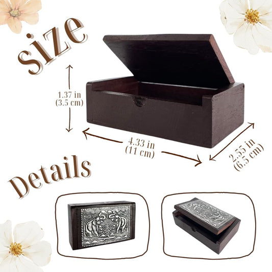 Handmade Thai Wooden Trinket & Name Card Box with Elephant Design – Small Decorative Keepsake Jewelry Box – Vintage Style Carved Wood Storage Gift Box