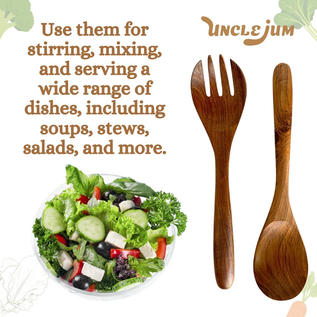 Set of 2 Wooden Spoon and Fork Pairs – 9” Natural Wood Cooking Utensils for Salad, Stirring, and Serving – Handmade Kitchen Tool Set