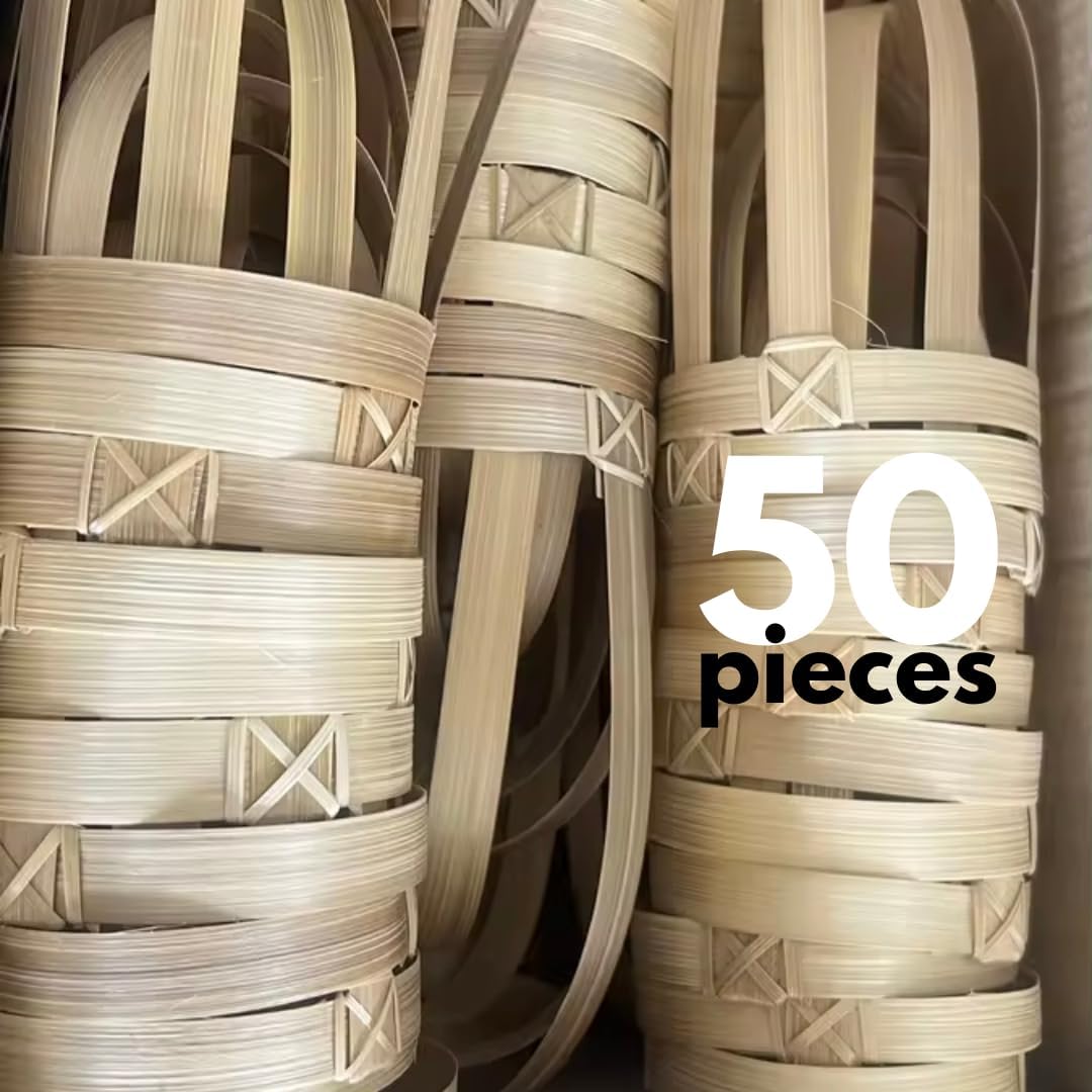 50 Pieces Natural Bamboo Cup Holder Handle – Handmade Woven Drink Carrier Rings for 16–28 oz Cups & 9–11 oz Dessert Bowls | Eco-Friendly Takeaway Supply by UNCLEJUM