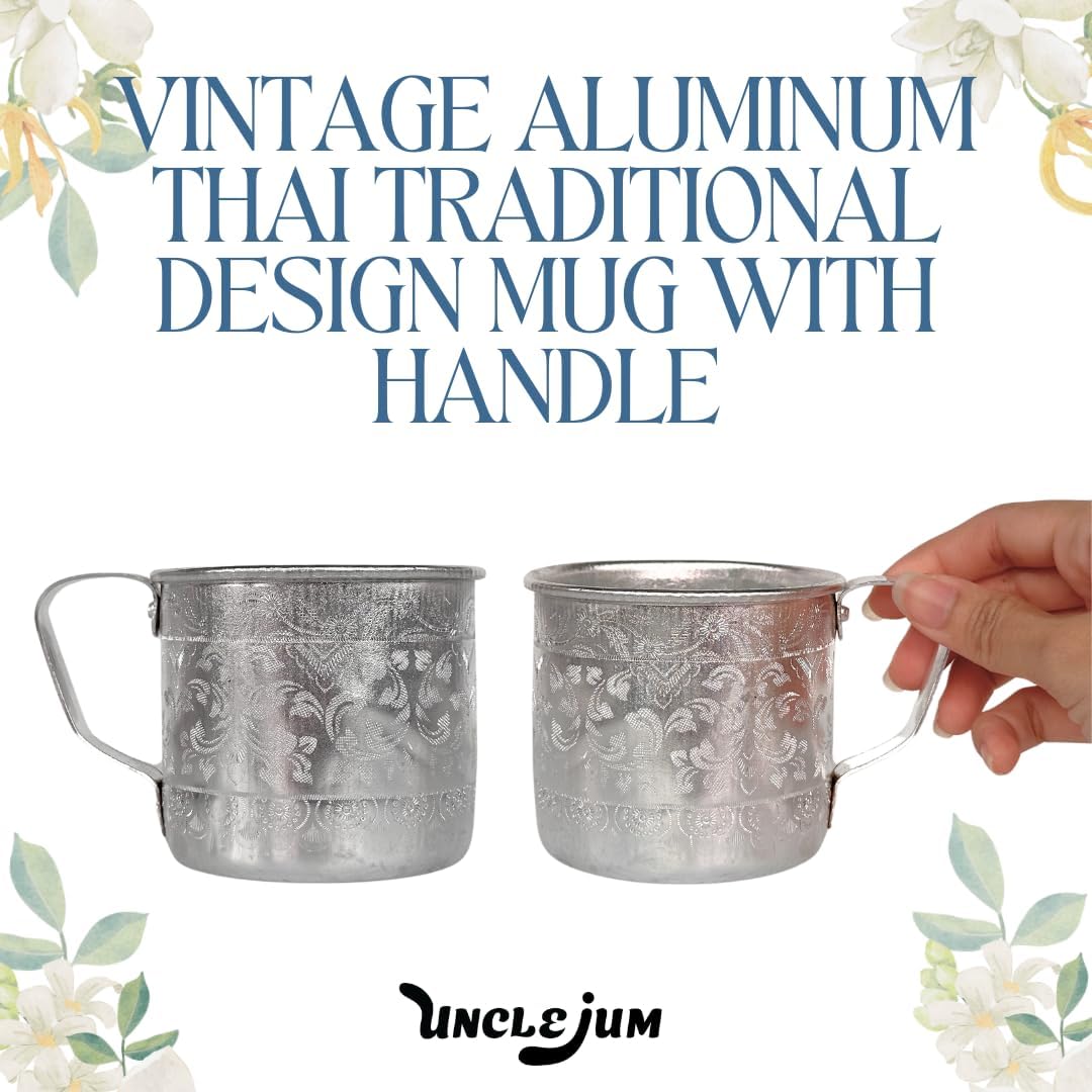 Set of Thai Traditional Aluminum Mugs – Vintage Metal Cups with Handle (3.1")