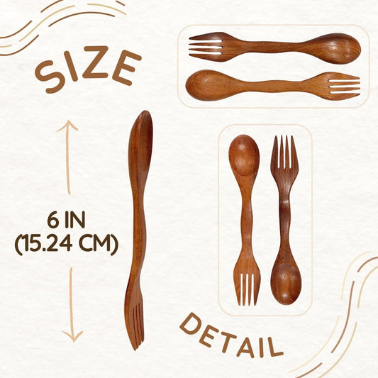 6 Inch Wooden Spoon and Fork (Spork) Set – Reusable Dual Purpose Wood Cutlery for Dessert, Snacks, Camping and Travel