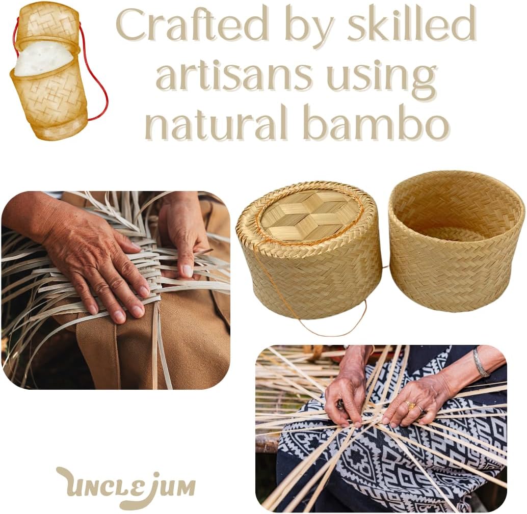Handcrafted Woven Bamboo Sticky Rice Containers, 4.5 Inches | Traditional Thai Serving Basket | Natural Bamboo Kitchenware by UNCLEJUM