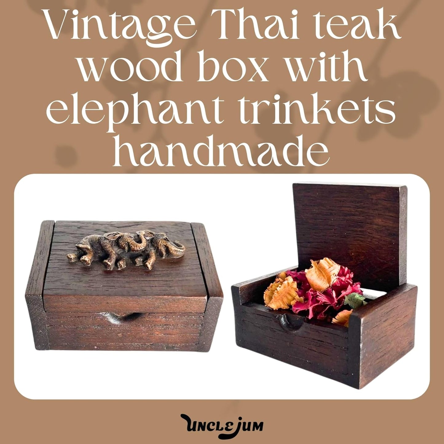 Vintage Thai Teak Wood Namcard Box – Handcrafted Elephant Carving (3.5")