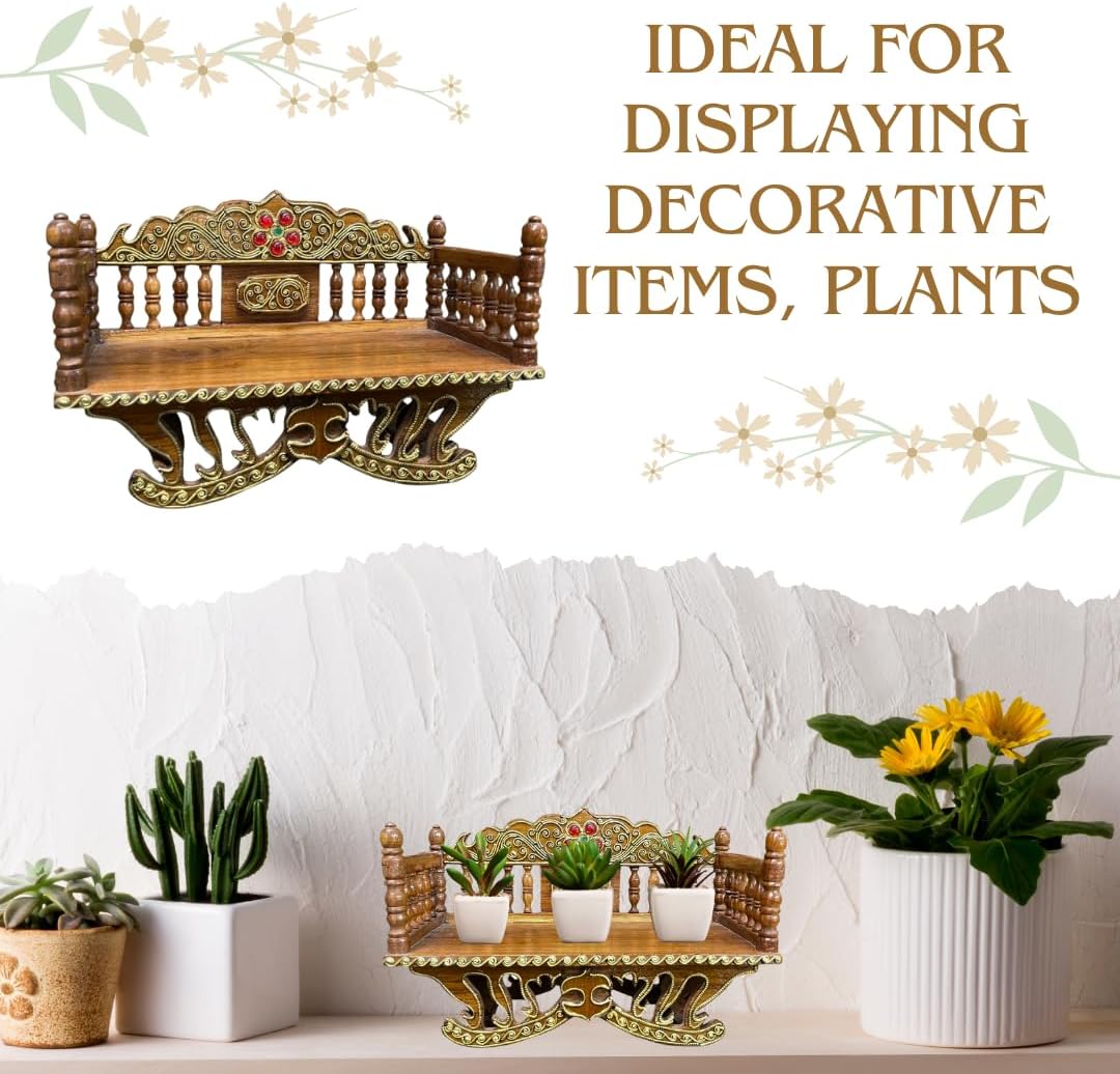 Handcrafted Thai Pattern Wood Carving Mini Shelf – Natural Wood Buddha Display (11.5")