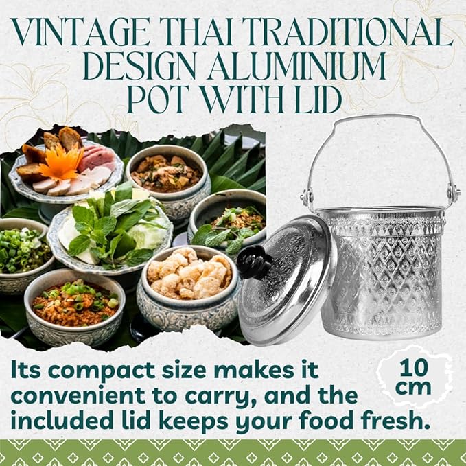 Vintage Thai Traditional Design Aluminum Silver Round Pot with Lid (10cm)