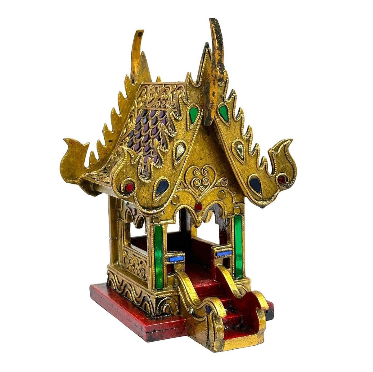 Thai Gilt Jeweled Spirit House Wood Carving – 9 inch Thai Home Decor Art by UNCLEJUM