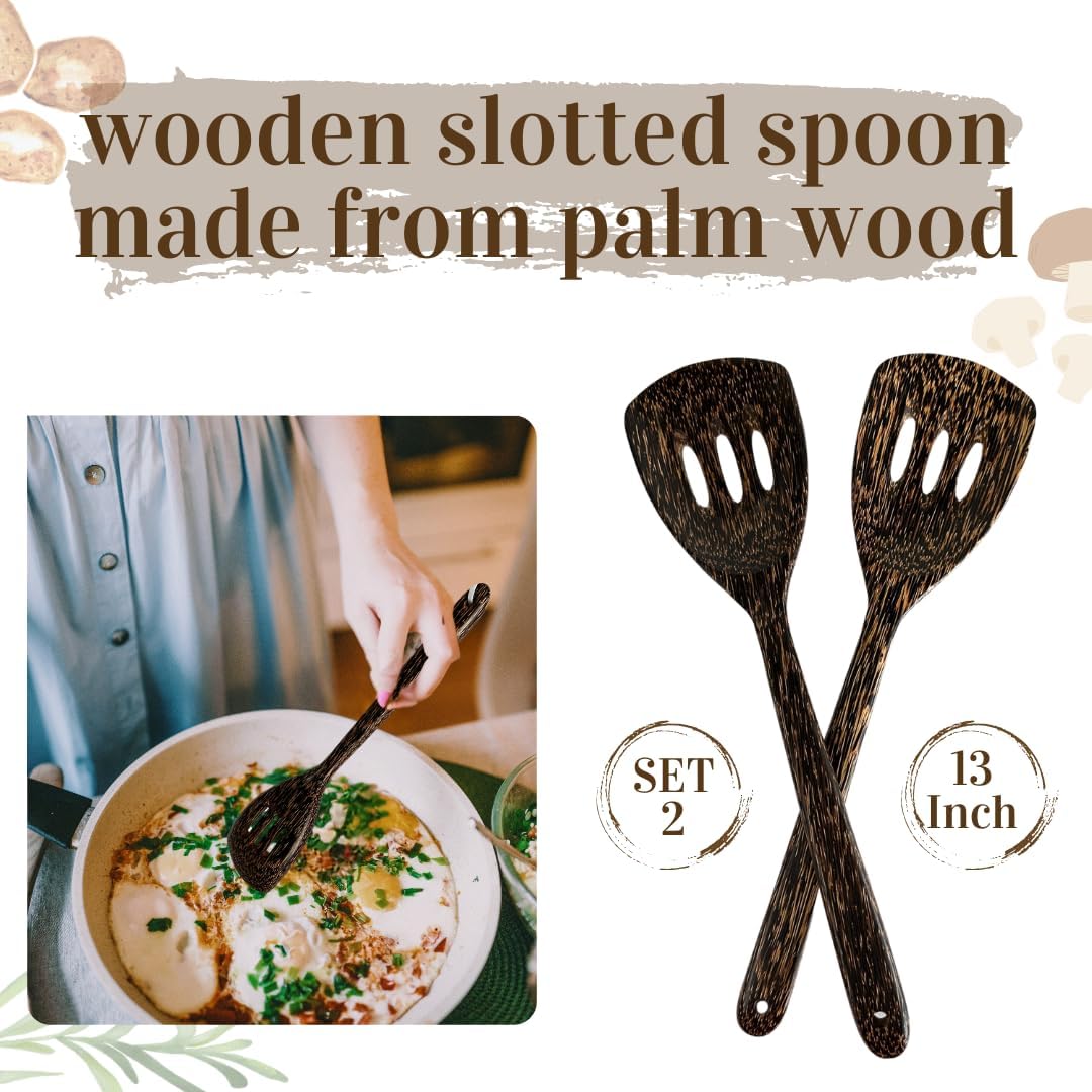2 Pieces 13β Palm Wood Slotted Spoon Set β Handmade Wooden Cooking Utensils for Stirring, Salad Mixing, Frying & Serving