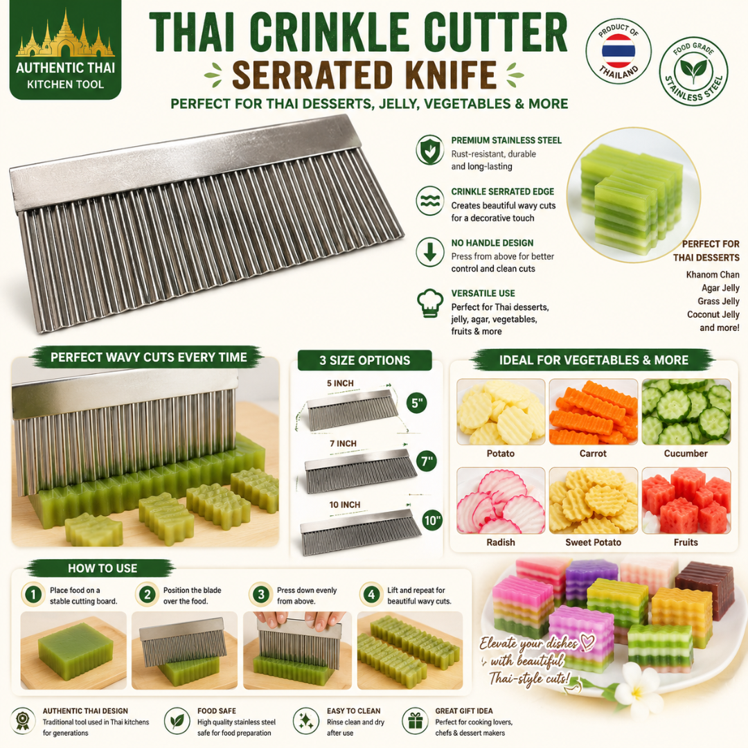 UNCLEJUM Thai Crinkle Cutter Serrated Knife – Stainless Steel Wavy Cutter for Agar Jelly, Grass Jelly, Khanom Chan, Vegetables & Decorative Food Slicing (5", 7", 10")