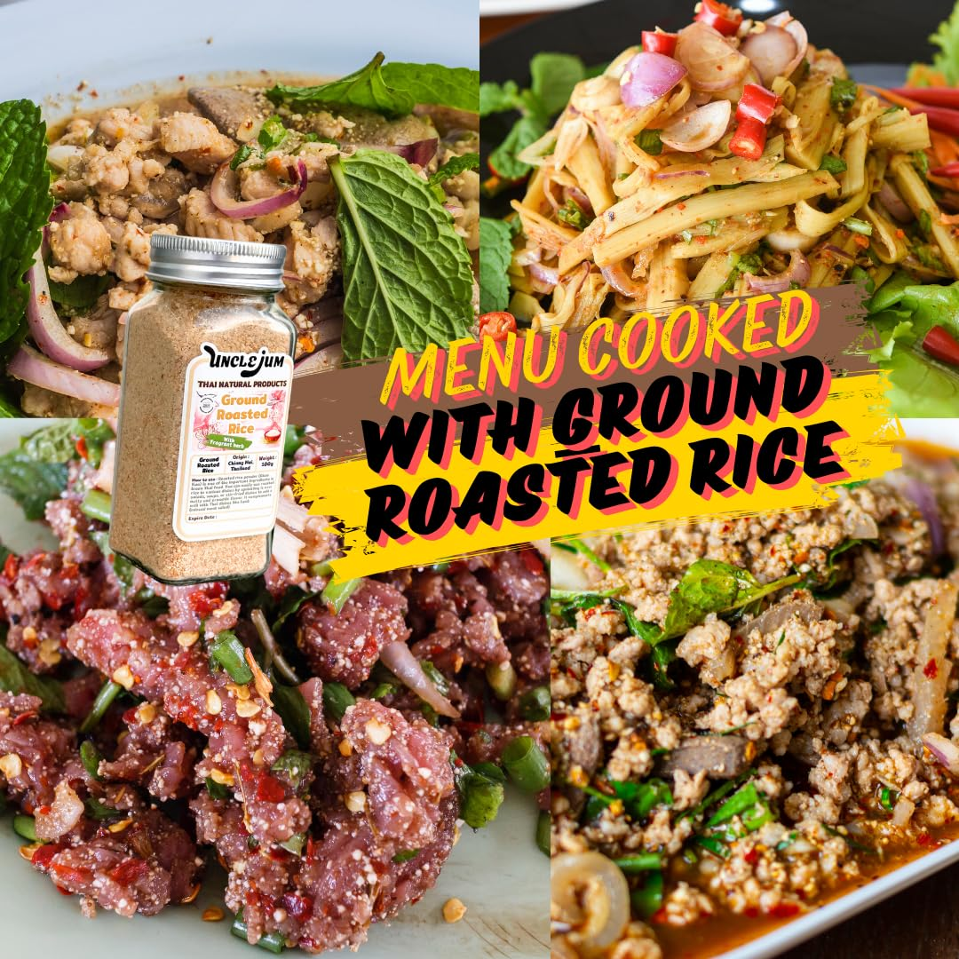 UNCLEJUM Thai Ground Roasted Rice (Khao Khua , ข้าวคั่ว) – 100% Roasted Rice Powder in Premium Glass Spice Jar – Authentic Thai Seasoning for Larb, Nam Tok, Jaew & Isaan Cuisine (100g)