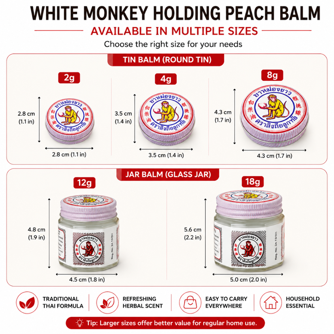 White Monkey Holding Peach Balm – Traditional Thai White Herbal Balm for Massage, Insect Bites, Nasal Comfort & Everyday Relief