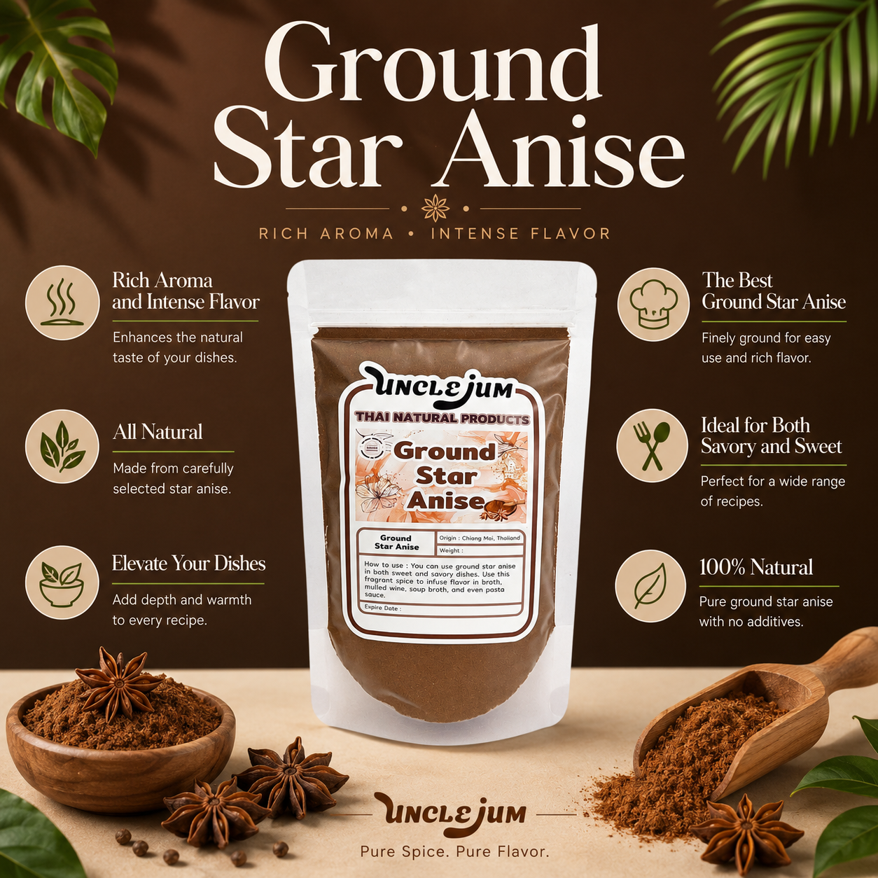 UNCLEJUM Ground Star Anise 100g – Aromatic Ground Spice for Cooking, Baking & Five-Spice Recipes