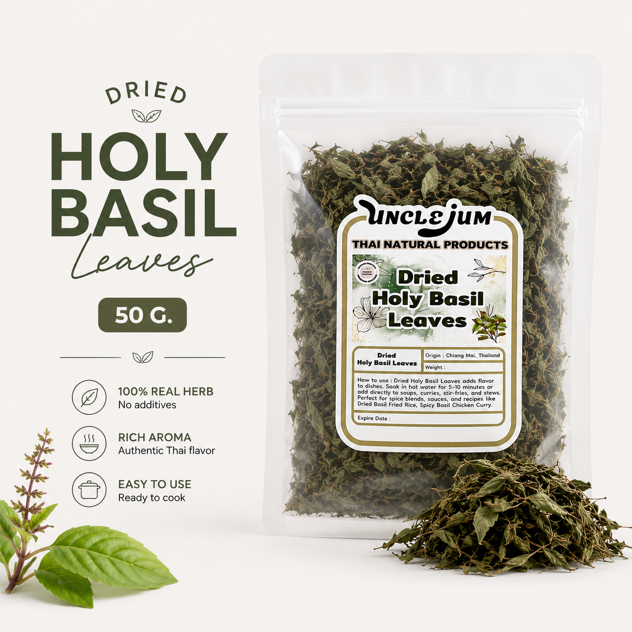 UNCLEJUM Dried Holy Basil Leaves – Thai Kra Pao Basil for Cooking | 20g & 50g