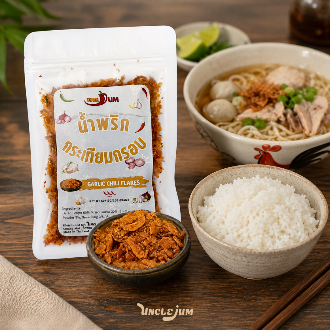 UNCLEJUM Thai Garlic Chili Flakes – Crispy Garlic & Shallot Topping with Chili Seasoning for Rice, Noodles & Everyday Meals – 100g