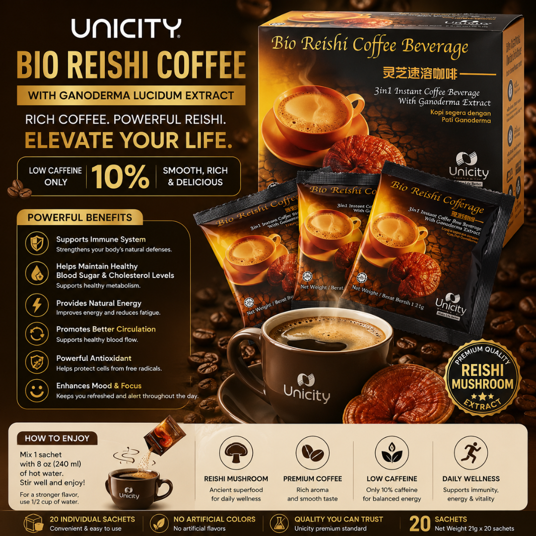 Unicity Bio Reishi Coffee – Premium Ganoderma Mushroom Coffee with Low Caffeine for Natural Energy, Immune Support & Daily Wellness I Functional Mushroom Coffee Supports Energy, Immunity, Healthy Metabolism & Antioxidant Protection | 20 Sachets