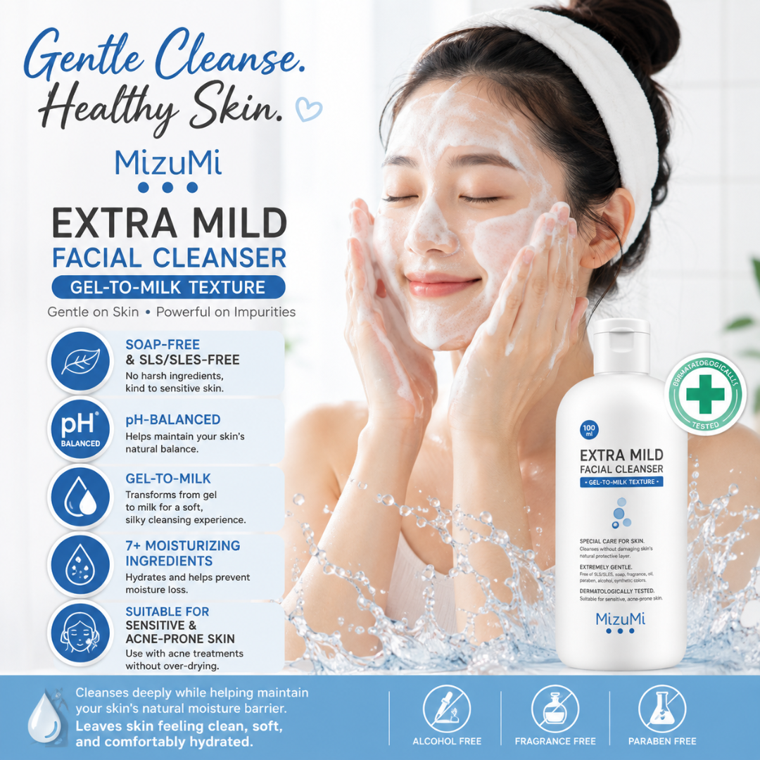 MizuMi Extra Mild Facial Cleanser 100 ml Gentle pH-Balanced Gel-to-Milk Cleanser for Sensitive, Acne-Prone & Dry Skin