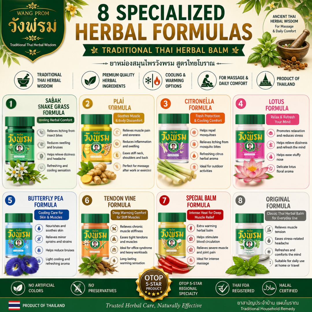 Thai Traditional Herbal Balm – Wang Prom Ancient Herbal Formula | Cooling & Warming Herbal Balms | Product of Thailand