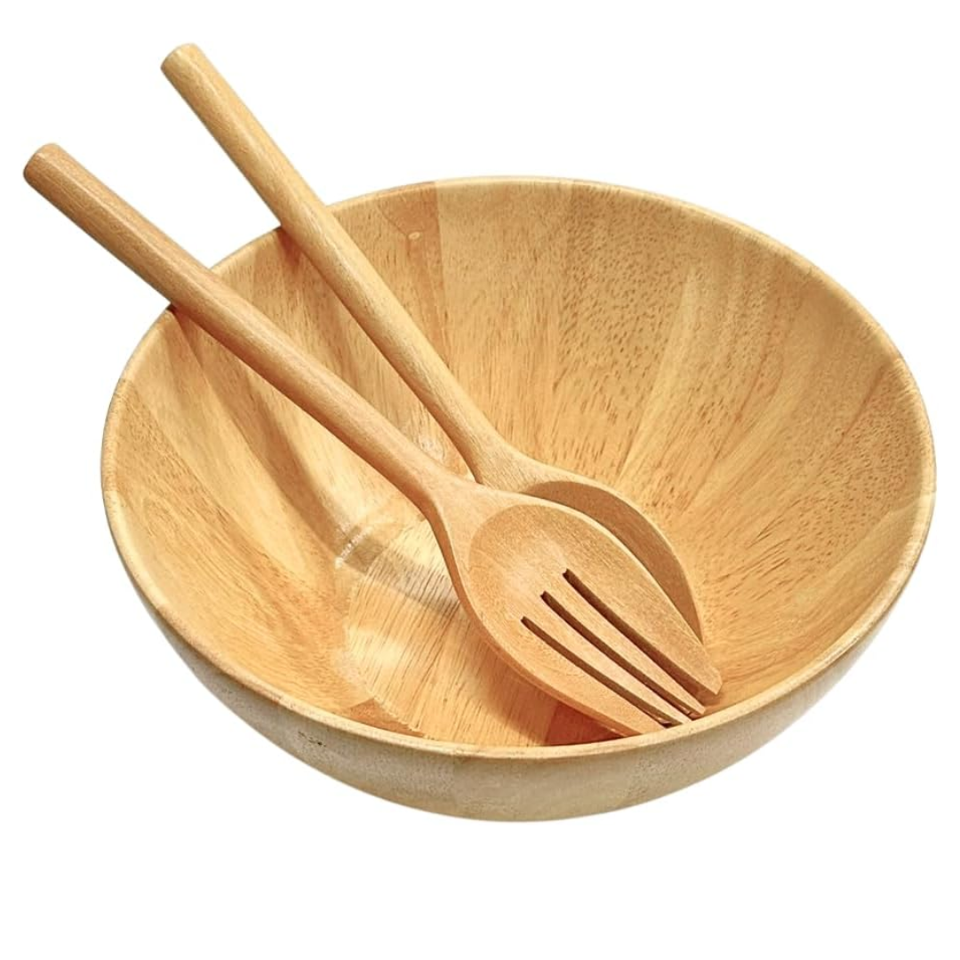Wooden Salad Bowl Set 10 Inch – Natural Hardwood Serving Bowl with Wooden Salad Spoon & Fork | Large Fruit Bowl, Serving Bowl & Kitchen Tableware