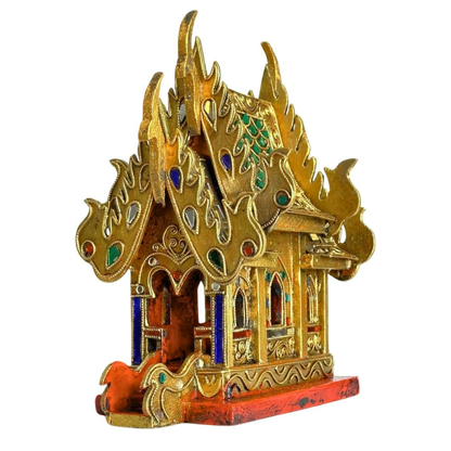 Thai Gilt Jeweled Spirit House 10 Inch – Handcrafted Wooden Thai Shrine | Traditional Wood Carving | Thai Buddhist Home Decor | Made in Thailand