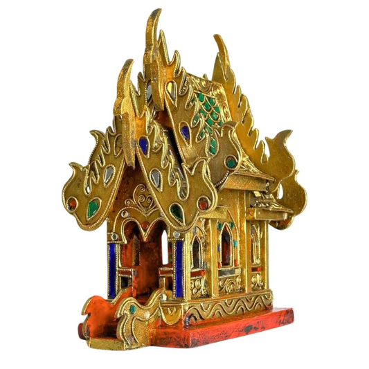 Thai Gilt Jeweled Spirit House 10 Inch – Handcrafted Wooden Thai Shrine | Traditional Wood Carving | Thai Buddhist Home Decor | Made in Thailand