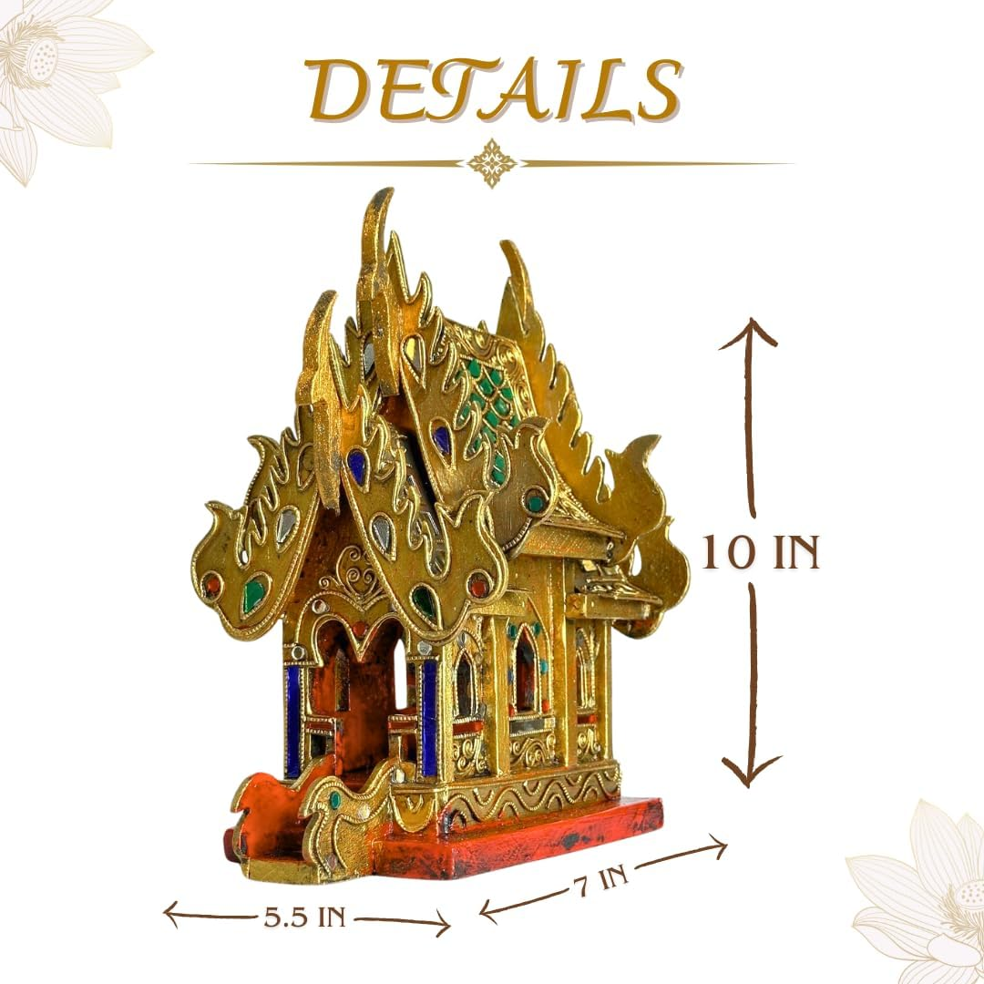 Thai Gilt Jeweled Spirit House 10 Inch – Handcrafted Wooden Thai Shrine | Traditional Wood Carving | Thai Buddhist Home Decor | Made in Thailand