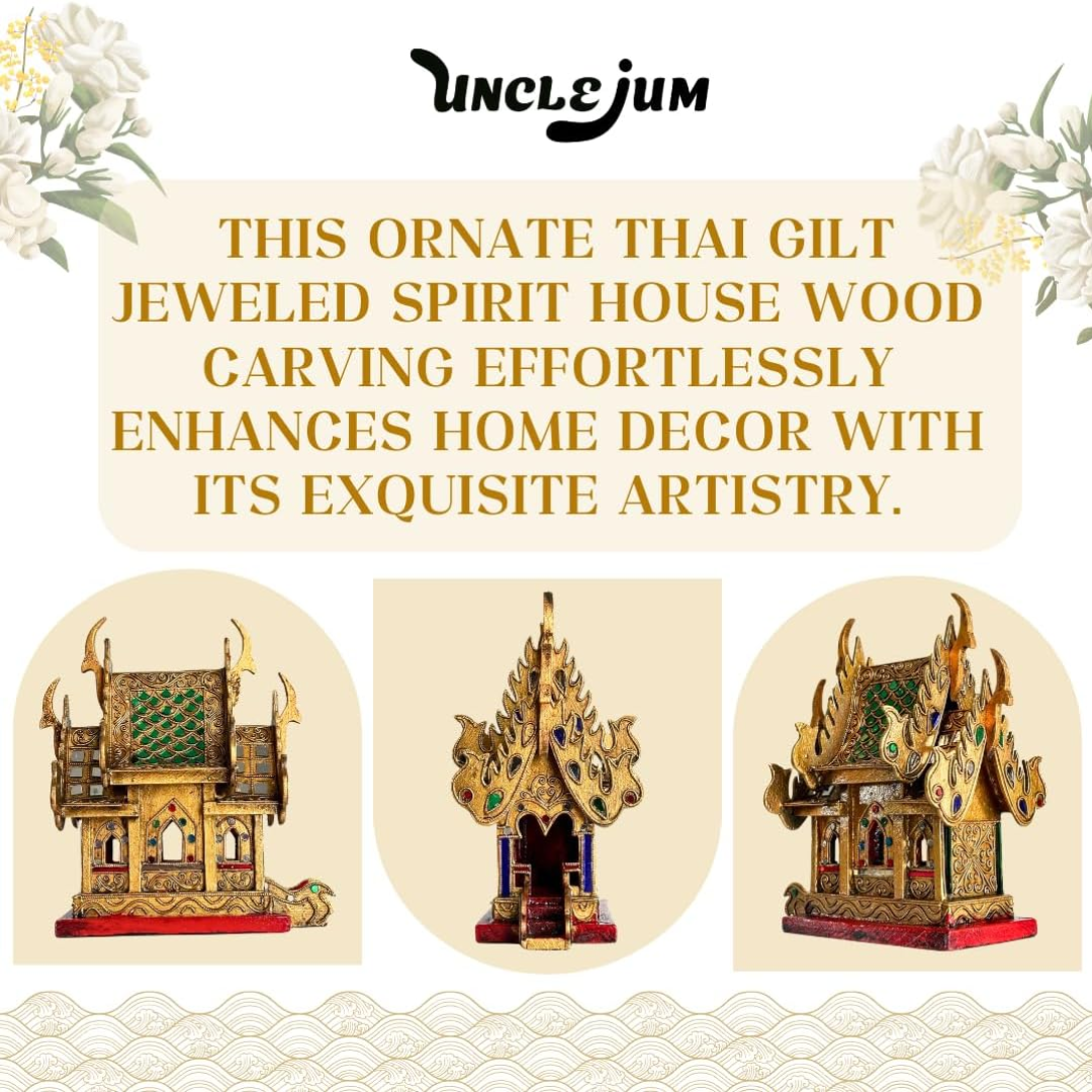 Thai Gilt Jeweled Spirit House 10 Inch – Handcrafted Wooden Thai Shrine | Traditional Wood Carving | Thai Buddhist Home Decor | Made in Thailand