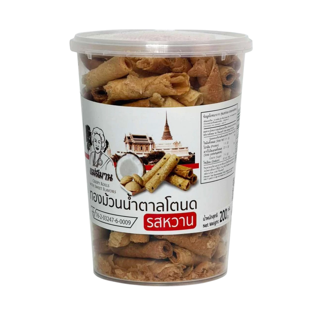 Mae Sa-Mhan Thai Crispy Roll with Authentic Palmyra Palm Sugar Traditional Thong Muan Coconut Wafer Snack Made with 100% Phetchaburi Palm Sugar, OTOP 5-Star Product