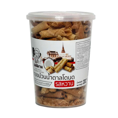 Mae Sa-Mhan Thai Crispy Roll with Authentic Palmyra Palm Sugar Traditional Thong Muan Coconut Wafer Snack Made with 100% Phetchaburi Palm Sugar, OTOP 5-Star Product