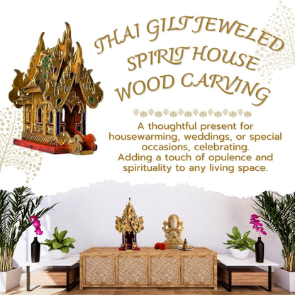 Thai Gilt Jeweled Spirit House 10 Inch – Handcrafted Wooden Thai Shrine | Traditional Wood Carving | Thai Buddhist Home Decor | Made in Thailand