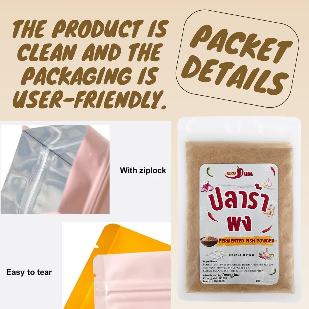 UNCLEJUM Thai Pla Ra Powder (ผงปลาร้า) Seasoning 50g, 100g – Fermented Fish Powder | Authentic Isaan Seasoning for Som Tum, Larb, Nam Prik & Thai Cooking | Product of Thailand