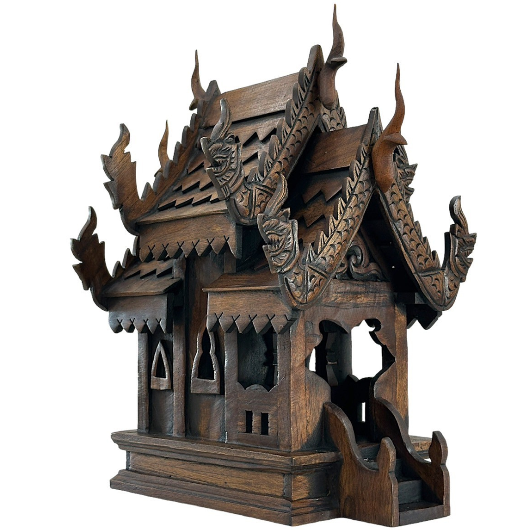 Large Wood Carved Thai Spirit House Model 15 Inches – Handmade Asian Inspired Home Decor | Traditional Thai Wooden Shrine Decorative Accent