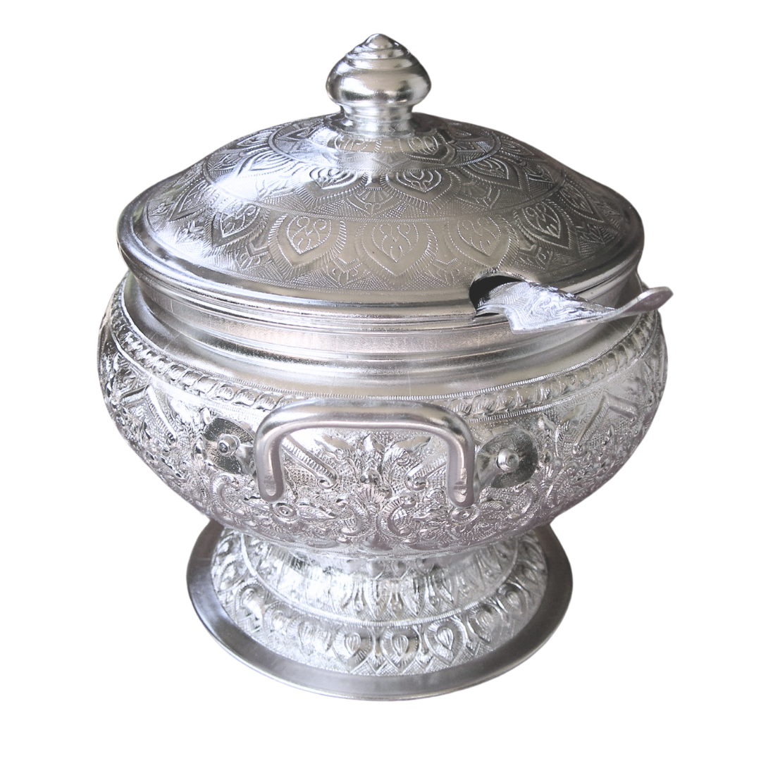 Traditional Thai Aluminum Rice Serving Pot with Ladle – Vintage Graphic Design Bowl