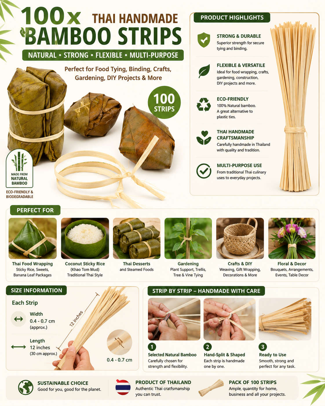 UNCLEJUM Thai Handmade Bamboo Tie Strips – 100 Natural Bamboo Binding Strips for Banana Leaf Wrapping, Sticky Rice, Thai Desserts, Gardening, Crafts & DIY (12 Inch)