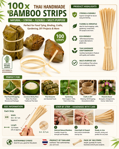 UNCLEJUM Thai Handmade Bamboo Tie Strips – 100 Natural Bamboo Binding Strips for Banana Leaf Wrapping, Sticky Rice, Thai Desserts, Gardening, Crafts & DIY (12 Inch)