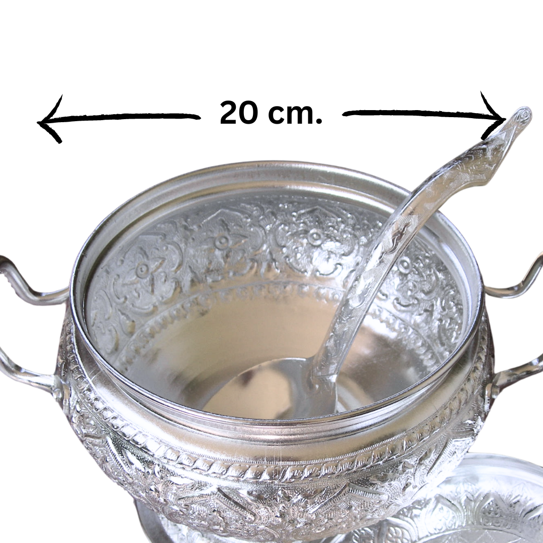 Traditional Thai Aluminum Rice Serving Pot with Ladle – Vintage Graphic Design Bowl