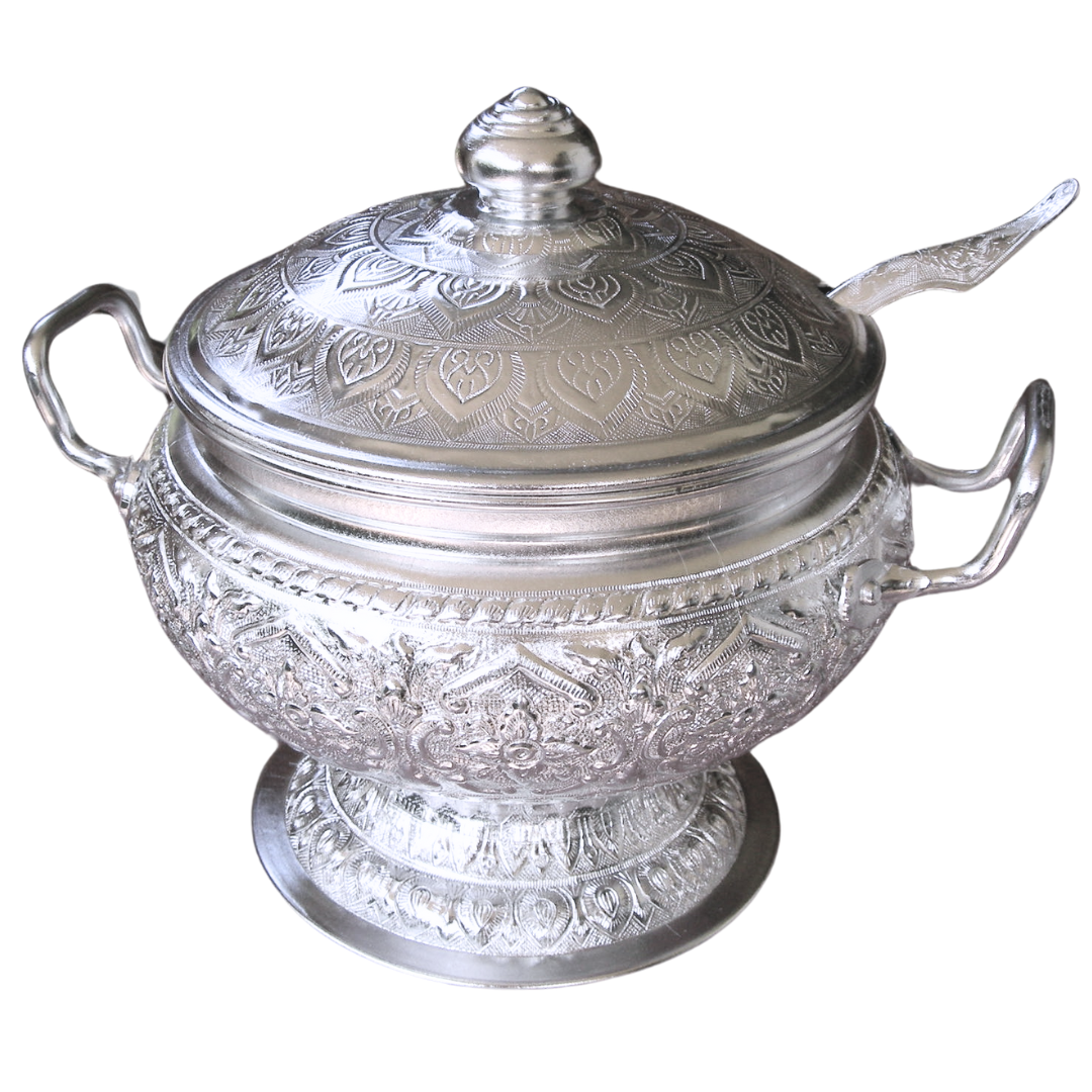 Traditional Thai Aluminum Rice Serving Pot with Ladle – Vintage Graphic Design Bowl