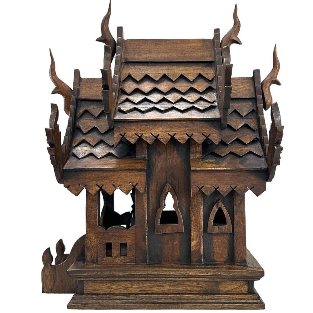 Large Wood Carved Thai Spirit House Model 15 Inches – Handmade Asian Inspired Home Decor | Traditional Thai Wooden Shrine Decorative Accent
