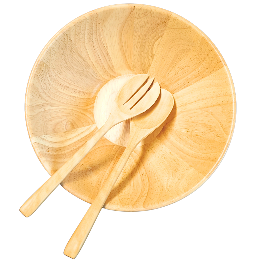 Wooden Salad Bowl Set 10 Inch – Natural Hardwood Serving Bowl with Wooden Salad Spoon & Fork | Large Fruit Bowl, Serving Bowl & Kitchen Tableware
