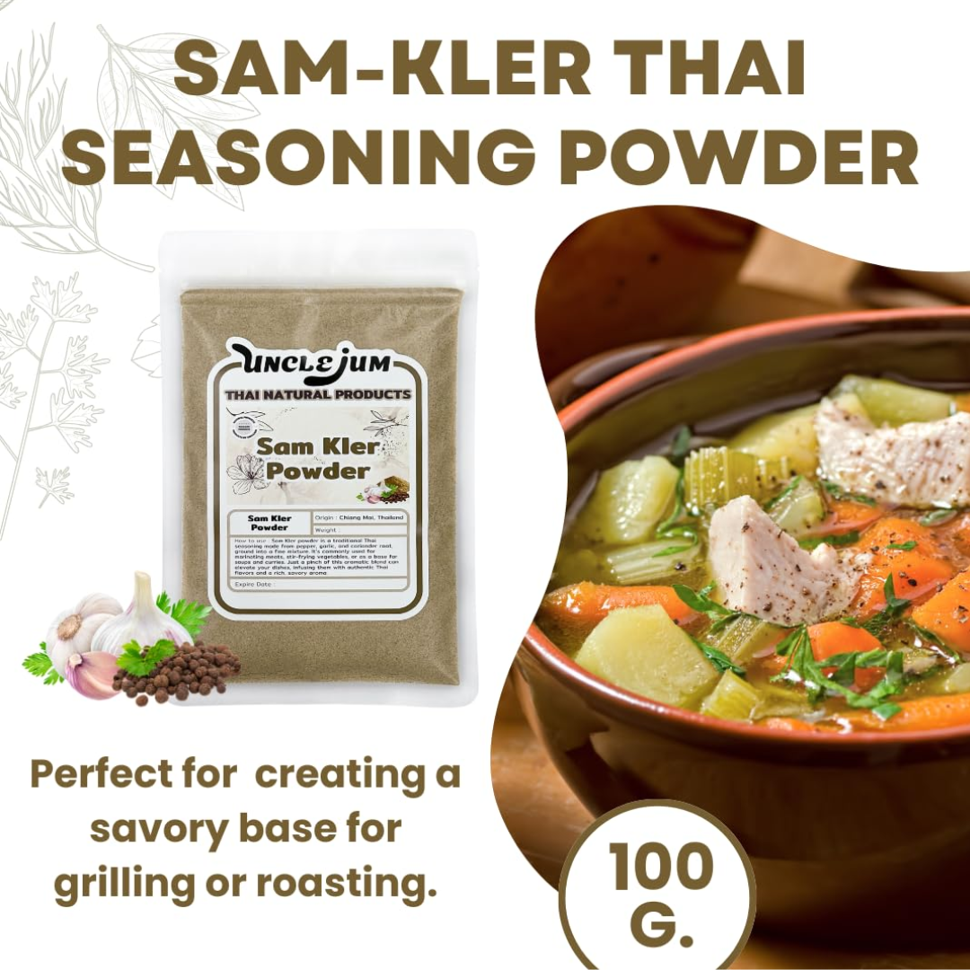 UNCLEJUM Sam-Kler Thai Seasoning Powder 100g – Traditional Thai Three Friends Seasoning | Coriander Root, Garlic & Black Pepper Spice Blend | Product of Thailand