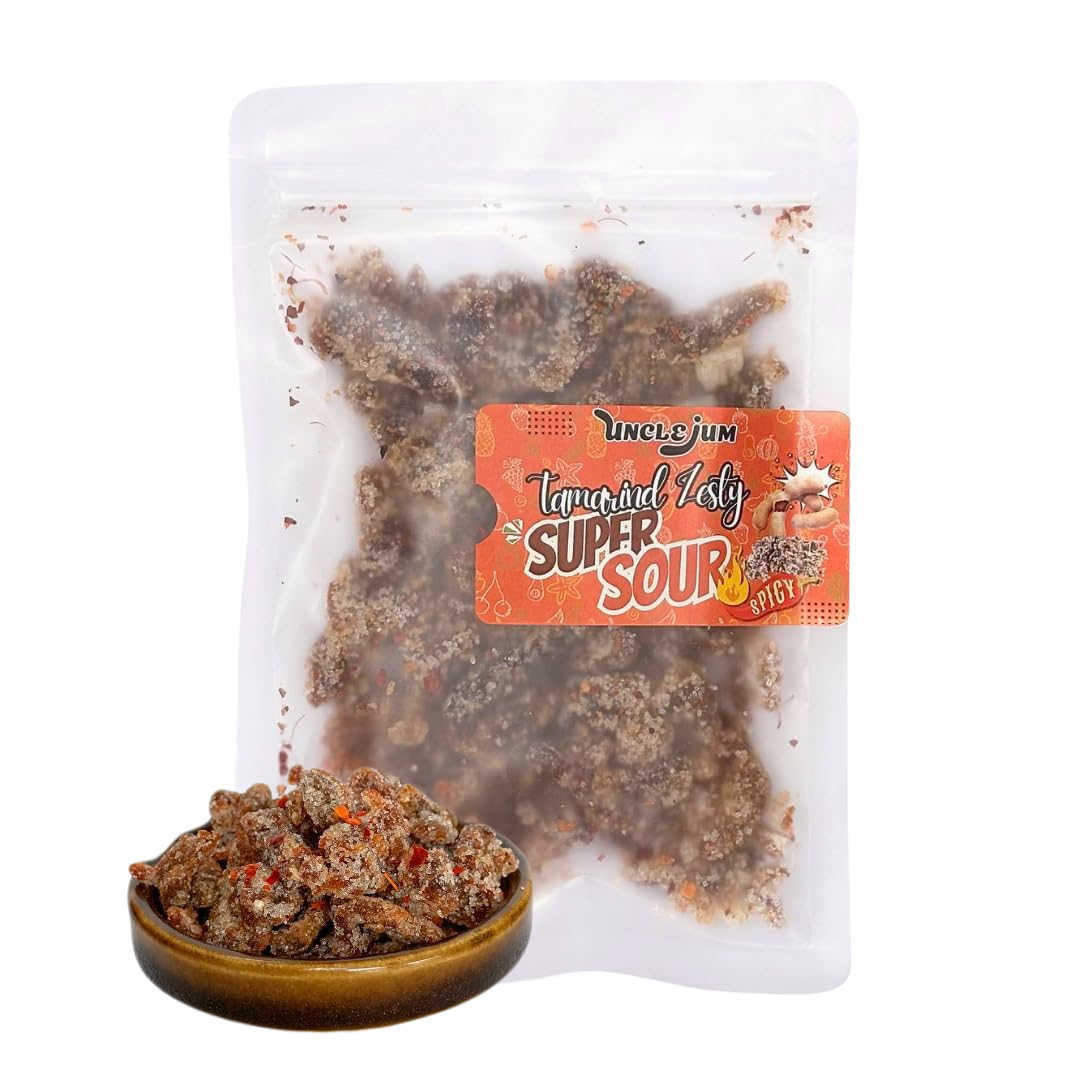 UNCLEJUM Tamarind Zesty Super Sour Spicy Flavorful – Thai JeedJard Chewy Tamarind Candy (มะขามห้ารส, มะขามจี๊ดจ๊าด) with Chili, Sweet, Sour, Salty & Umami Flavors, Authentic Thai Snack, 100g