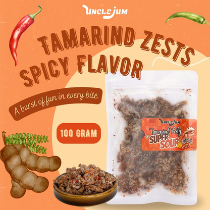UNCLEJUM Tamarind Zesty Super Sour Spicy Flavorful – Thai JeedJard Chewy Tamarind Candy (มะขามห้ารส, มะขามจี๊ดจ๊าด) with Chili, Sweet, Sour, Salty & Umami Flavors, Authentic Thai Snack, 100g