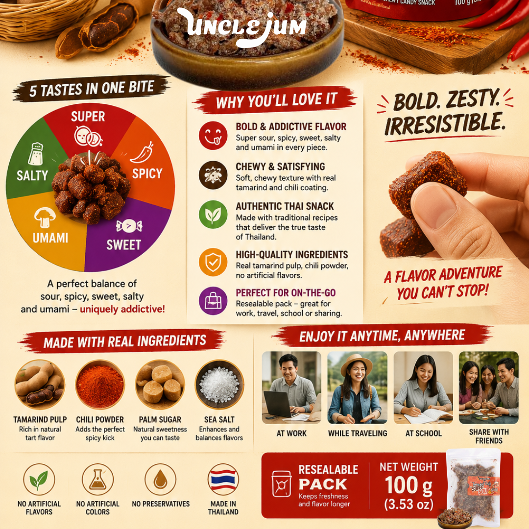 UNCLEJUM Tamarind Zesty Super Sour Spicy Flavorful – Thai JeedJard Chewy Tamarind Candy (มะขามห้ารส, มะขามจี๊ดจ๊าด) with Chili, Sweet, Sour, Salty & Umami Flavors, Authentic Thai Snack, 100g