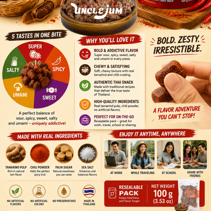 UNCLEJUM Tamarind Zesty Super Sour Spicy Flavorful – Thai JeedJard Chewy Tamarind Candy (มะขามห้ารส, มะขามจี๊ดจ๊าด) with Chili, Sweet, Sour, Salty & Umami Flavors, Authentic Thai Snack, 100g