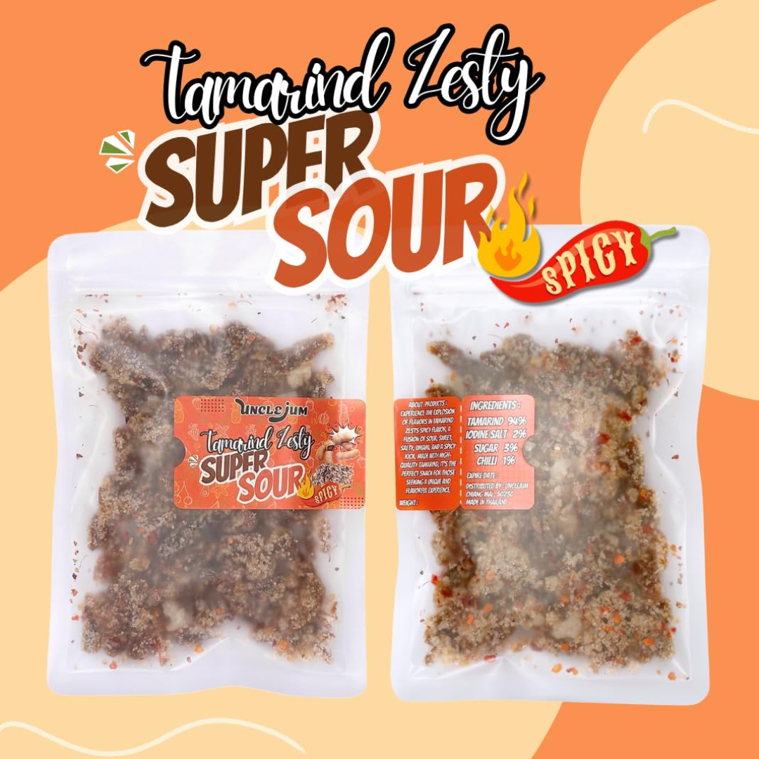 UNCLEJUM Tamarind Zesty Super Sour Spicy Flavorful – Thai JeedJard Chewy Tamarind Candy (มะขามห้ารส, มะขามจี๊ดจ๊าด) with Chili, Sweet, Sour, Salty & Umami Flavors, Authentic Thai Snack, 100g