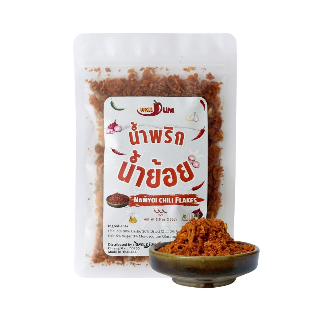 UNCLEJUM Northern Thai Prik Nam Yoi (น้ำพริกน้ำย้อย) – Crispy Thai Chili Paste with Garlic & Shallots – Authentic Lanna Chili Condiment for Rice, Noodles & Thai Cooking – Product of Thailand (100g)